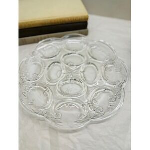 Vintage Anchor Hocking Savannah Clear Floral Pressed Glass Deviled Egg Tray 10"